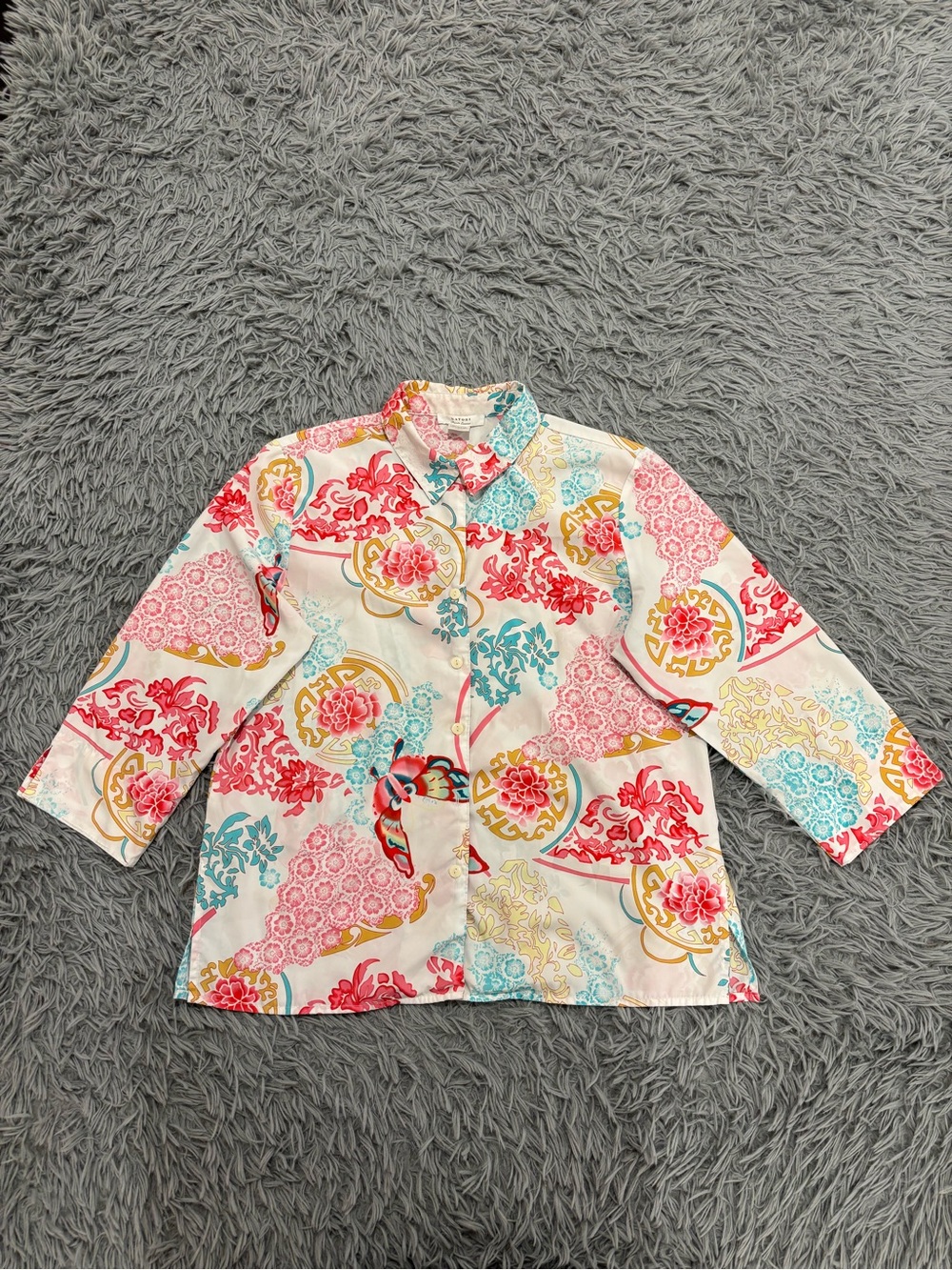 Natori Women’s Oriental Butterfly Button Down Shirt Dress Colorful Floral Medium